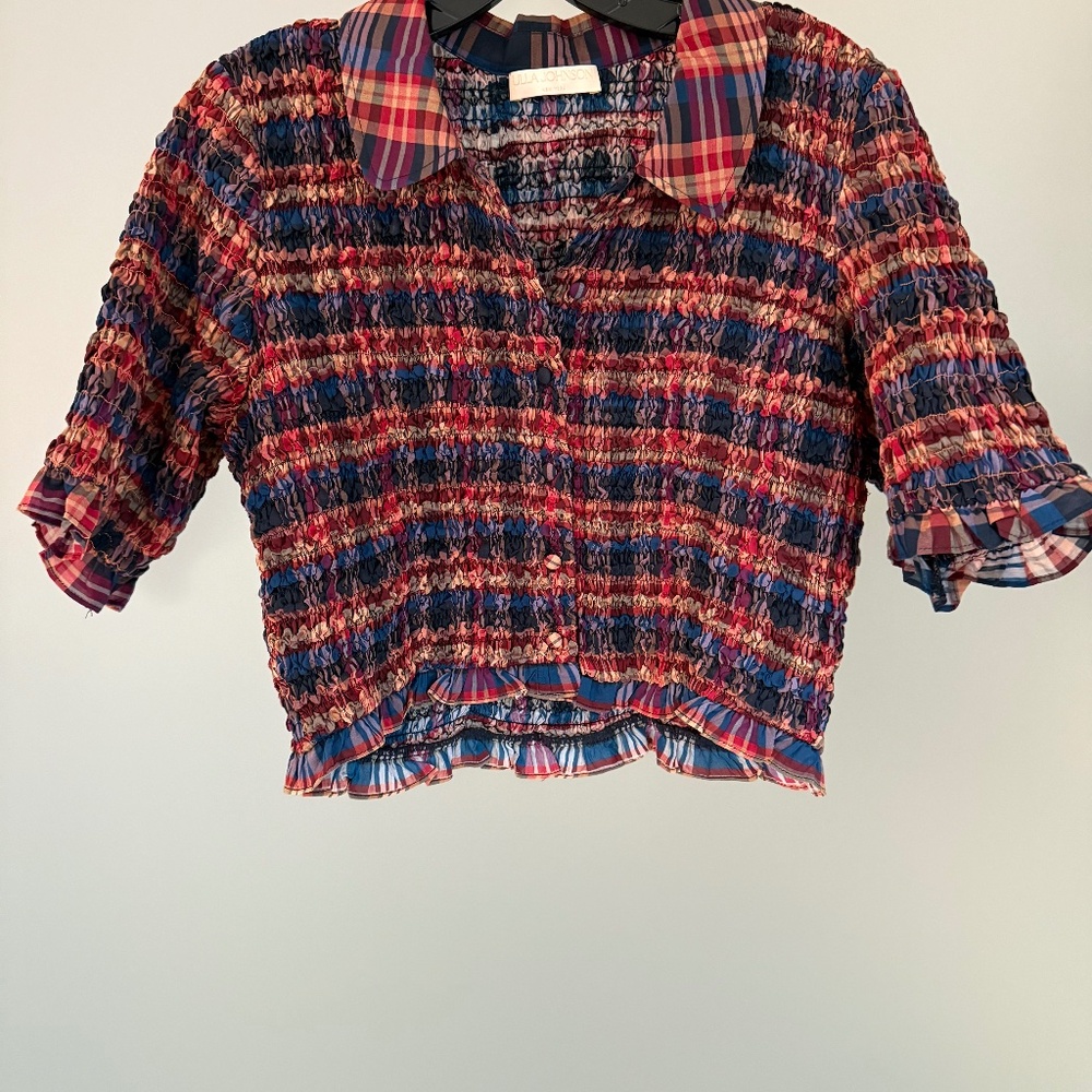 Ulla Johnson Red Navy Plaid Smocked Cropped Blouse